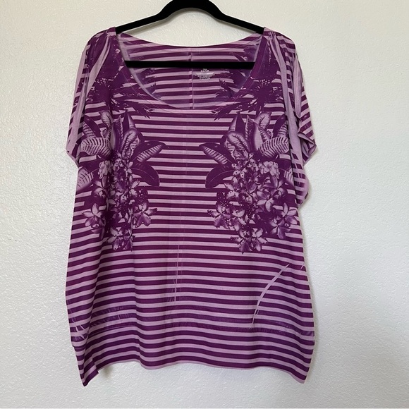 2/$30 Lane Bryant Purple Striped Floral Beaded Cold Shoulder Short Sleeve Top - Picture 11 of 11